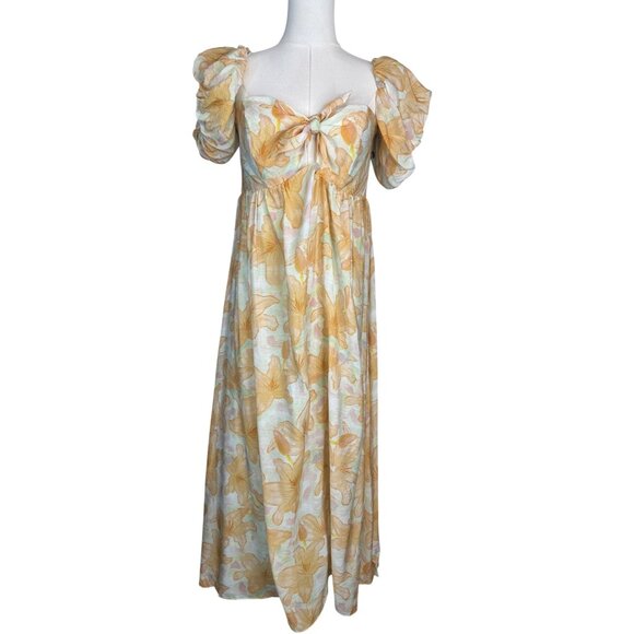 NWT ASTR XL The Label Orange Tropical Maxi Dress Puff Sleeves & Tie Front - Picture 2 of 16